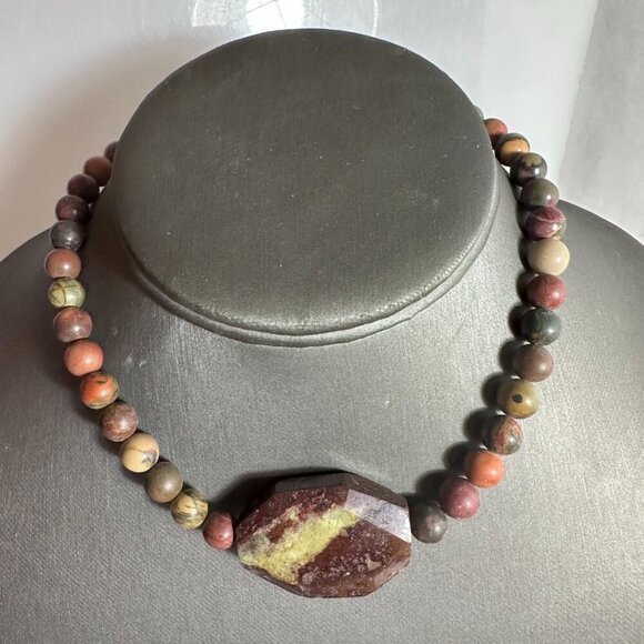 Choker Necklace Sterling Silver Picasso Jasper Chrysoprase Gemstone Handmade - Picture 5 of 7